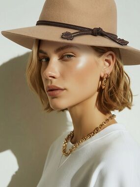 Woven Leather-Trim Wool Fedora Hat in Beige